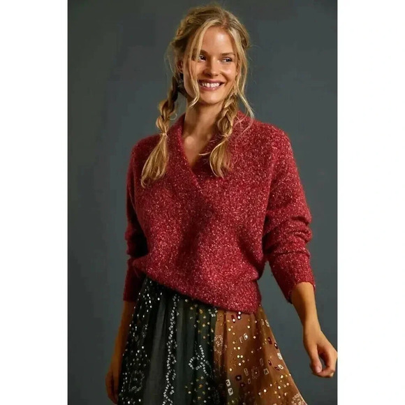 Anthropologie Frances Shimmer Cropped Sweater Red‎ Motif Cabernet Size Small - Picture 1 of 9